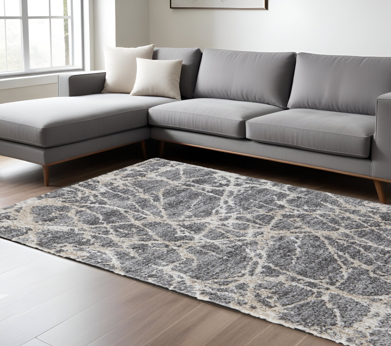 8" X 10" Gray and Ivory Abstract Power Loom Area Rug