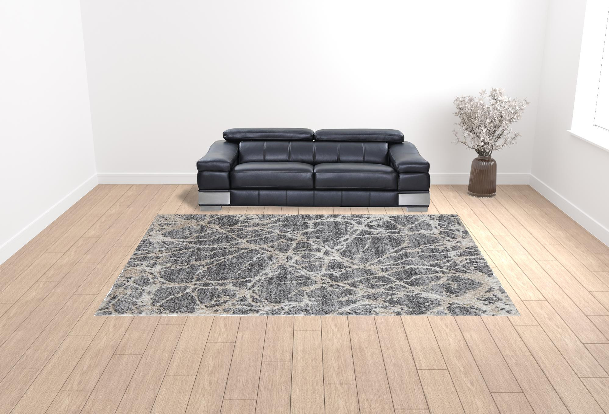 10" X 14" Gray And Ivory Abstract Power Loom Stain Resistant Area Rug