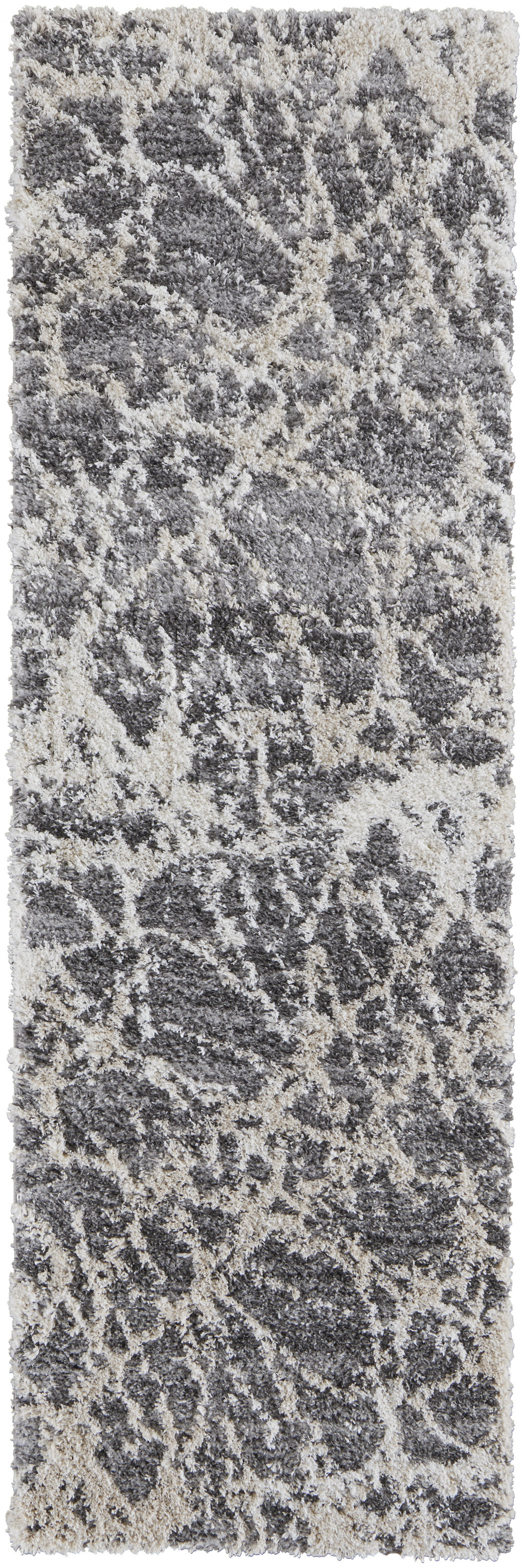 8" Gray And Ivory Abstract Power Loom Stain Resistant Runner Rug