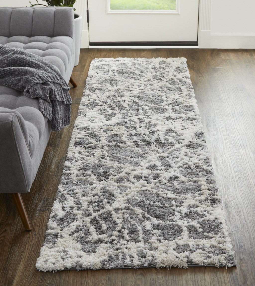 8" Gray And Ivory Abstract Power Loom Stain Resistant Runner Rug