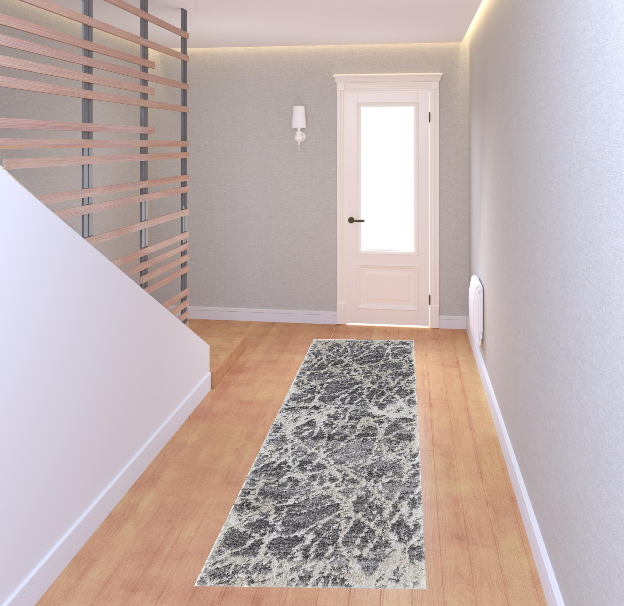 8" Gray And Ivory Abstract Power Loom Stain Resistant Runner Rug