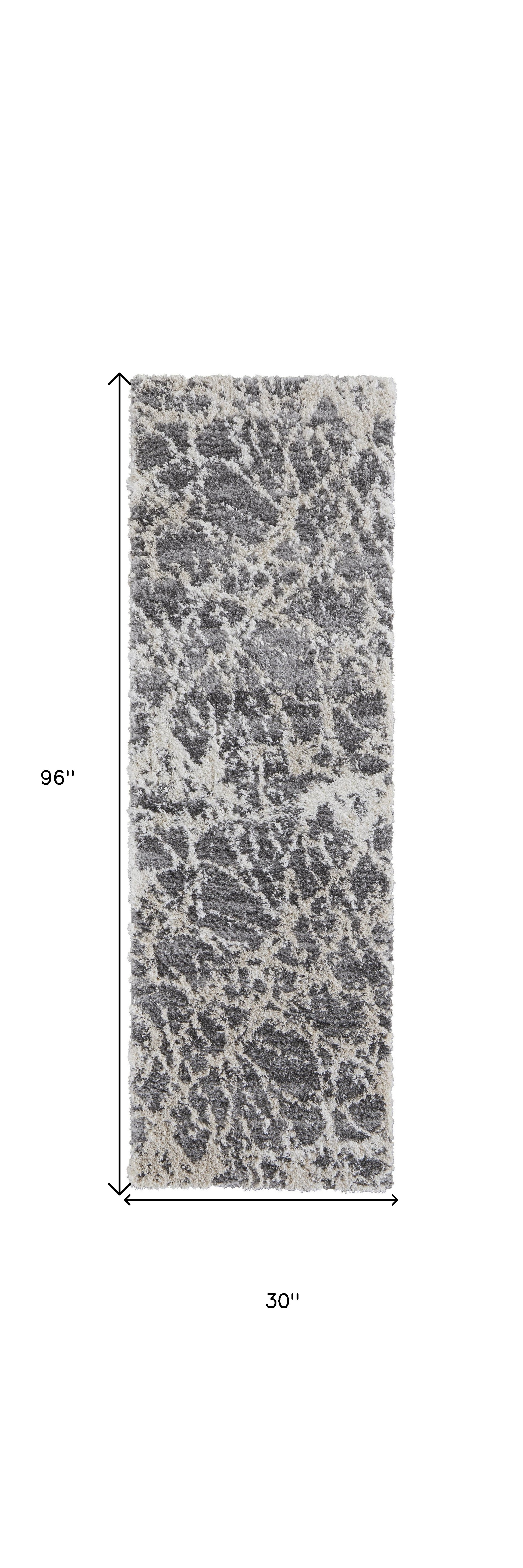 8" Gray And Ivory Abstract Power Loom Stain Resistant Runner Rug
