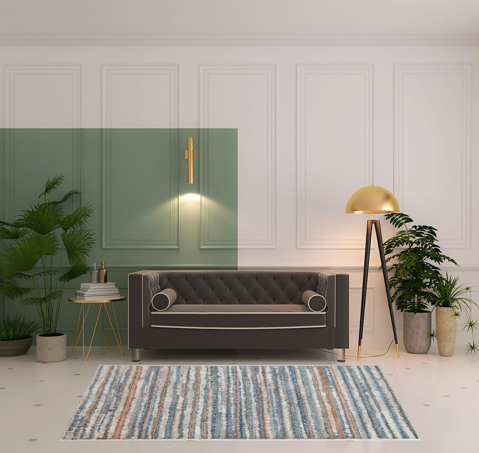 5" X 8" Ivory Blue And Orange Striped Power Loom Stain Resistant Area Rug