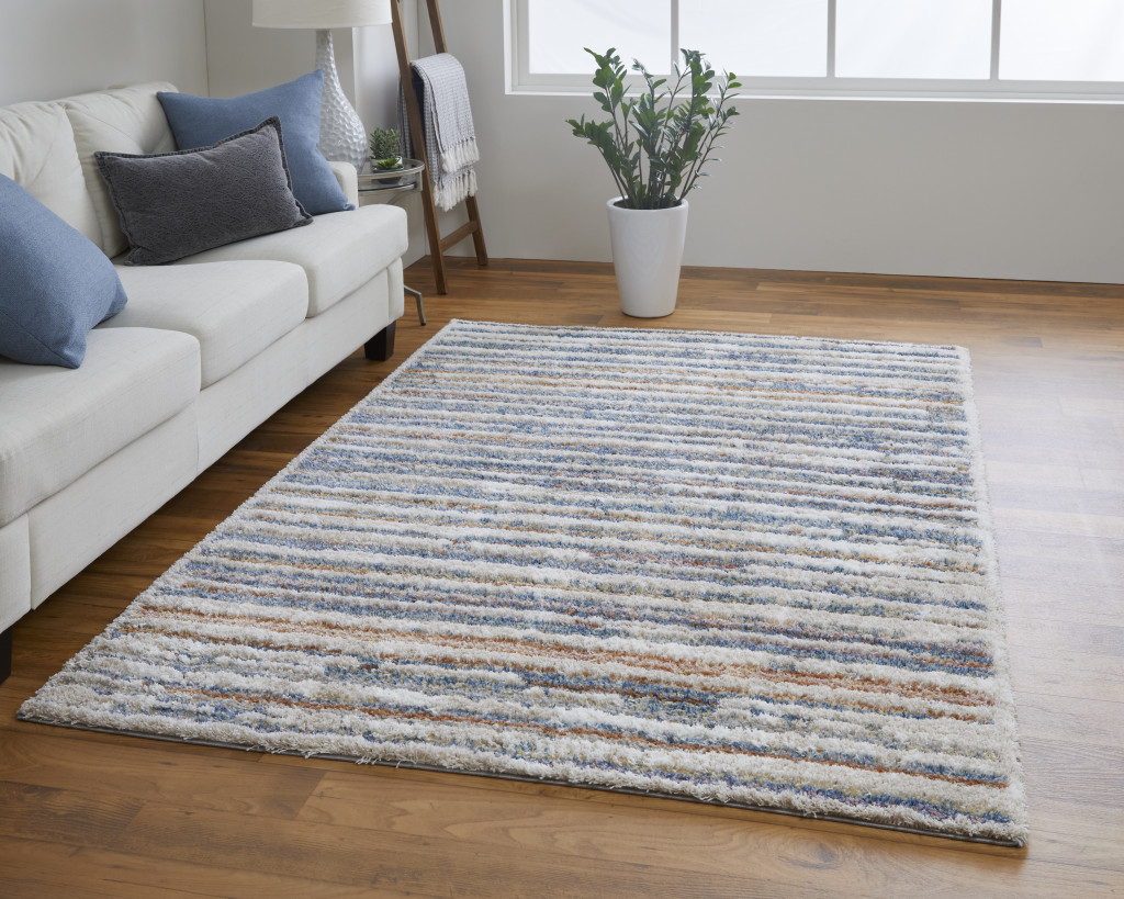 5" X 8" Ivory Blue And Orange Striped Power Loom Stain Resistant Area Rug