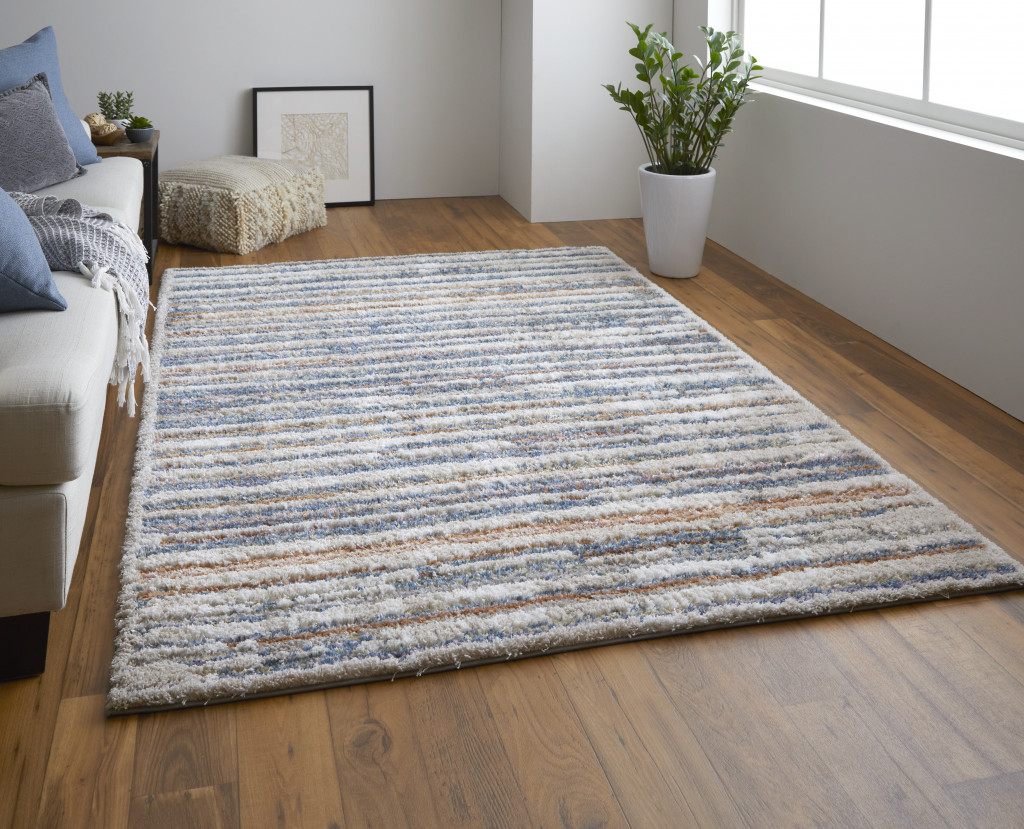 5" X 8" Ivory Blue And Orange Striped Power Loom Stain Resistant Area Rug