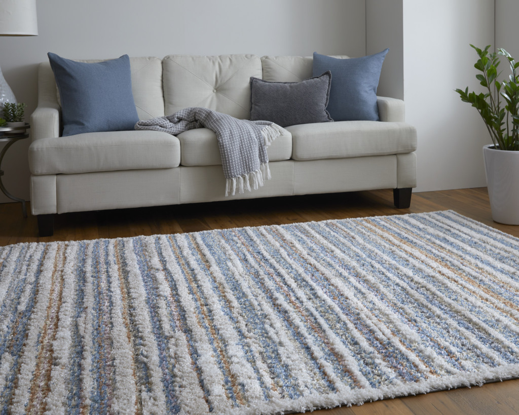 5" X 8" Ivory Blue And Orange Striped Power Loom Stain Resistant Area Rug