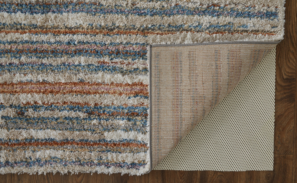 5" X 8" Ivory Blue And Orange Striped Power Loom Stain Resistant Area Rug
