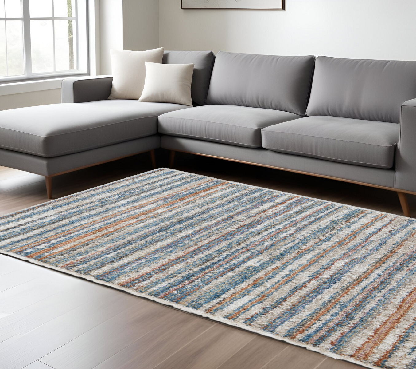 8" X 10" Ivory and Blue Striped Power Loom Area Rug