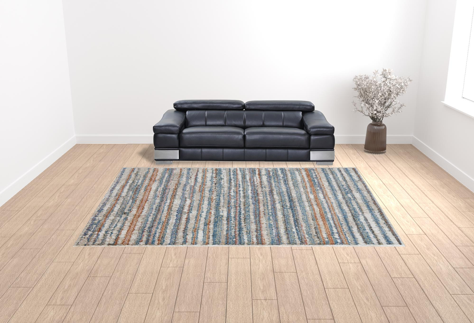 10 X 14 Ivory Blue And Orange Striped Power Loom Stain Resistant Area Rug