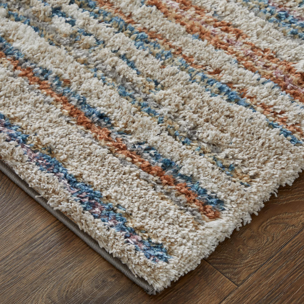 10 X 14 Ivory Blue And Orange Striped Power Loom Stain Resistant Area Rug