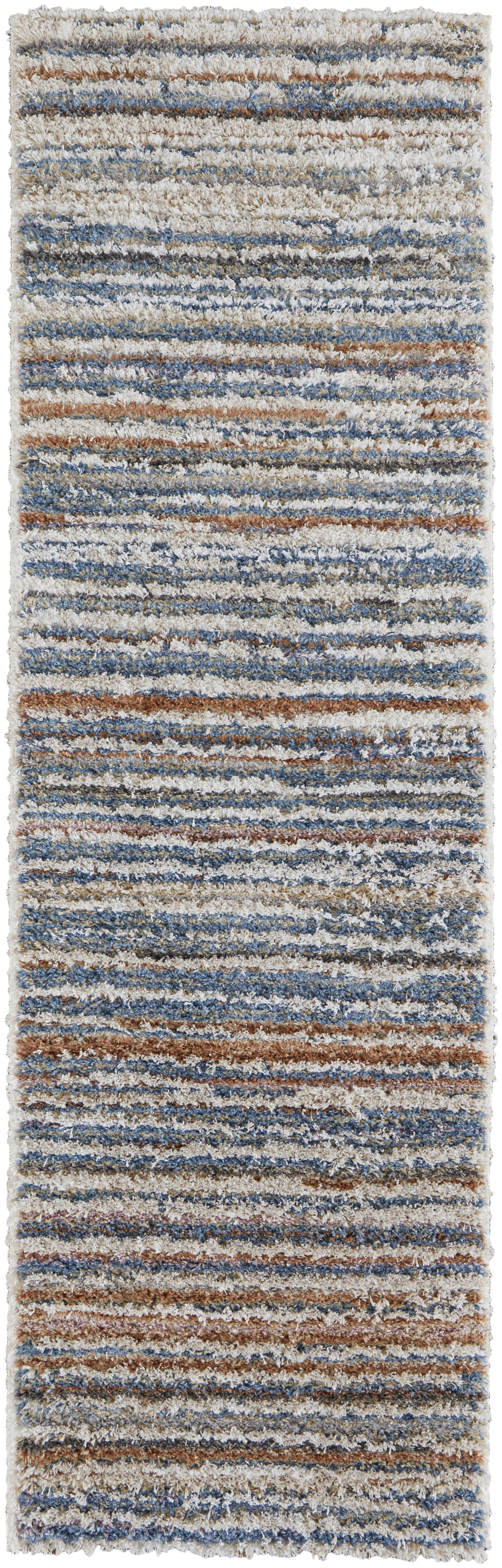 8' Ivory Blue And Orange Striped Power Loom Stain Resistant Runner Rug-514532-1