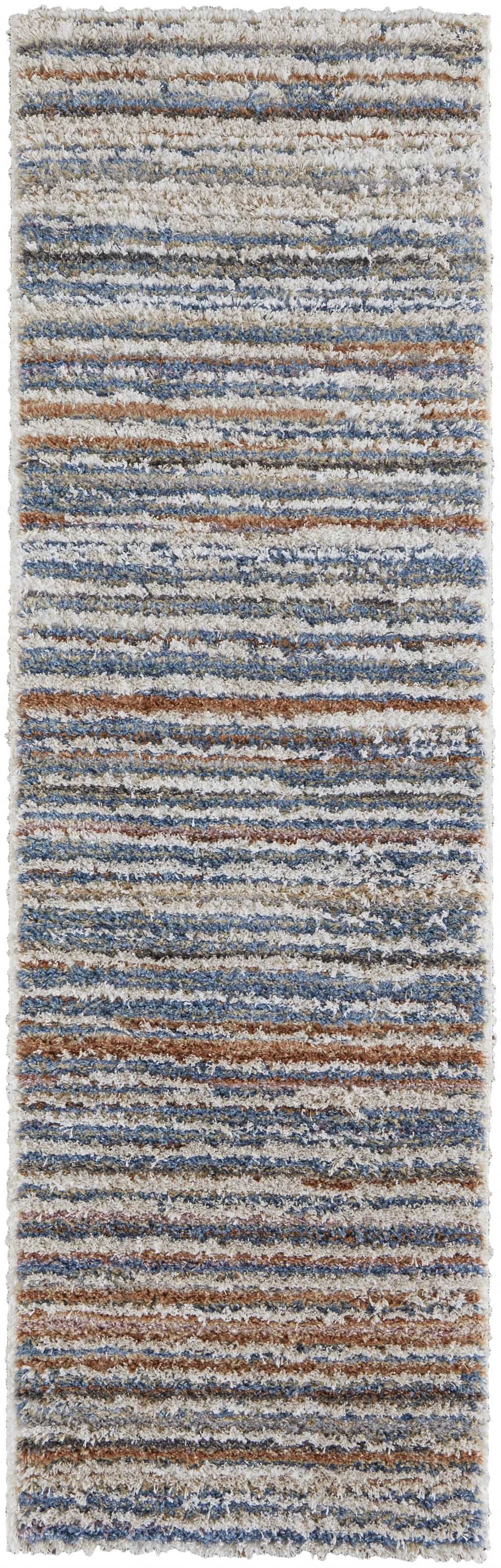 8 Ivory Blue And Orange Striped Power Loom Stain Resistant Runner Rug