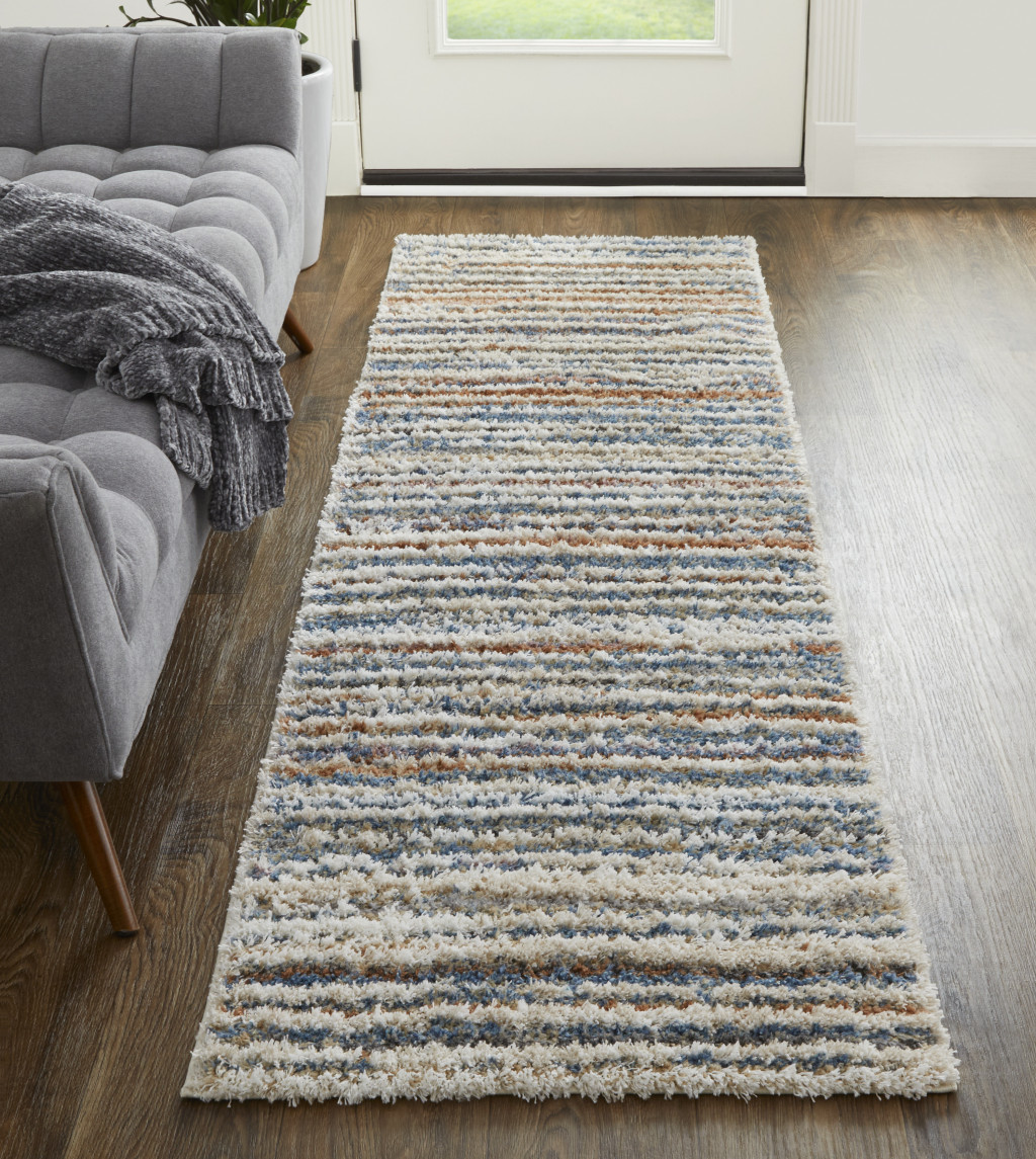 8" Ivory Blue And Orange Striped Power Loom Stain Resistant Runner Rug