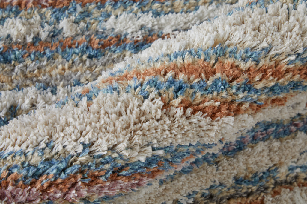 8" Ivory Blue And Orange Striped Power Loom Stain Resistant Runner Rug