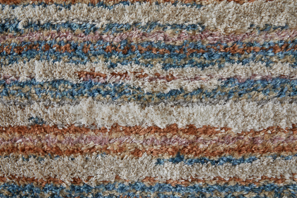 8" Ivory Blue And Orange Striped Power Loom Stain Resistant Runner Rug