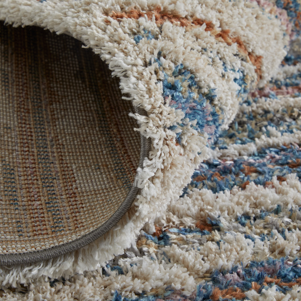 8 Ivory Blue And Orange Striped Power Loom Stain Resistant Runner Rug