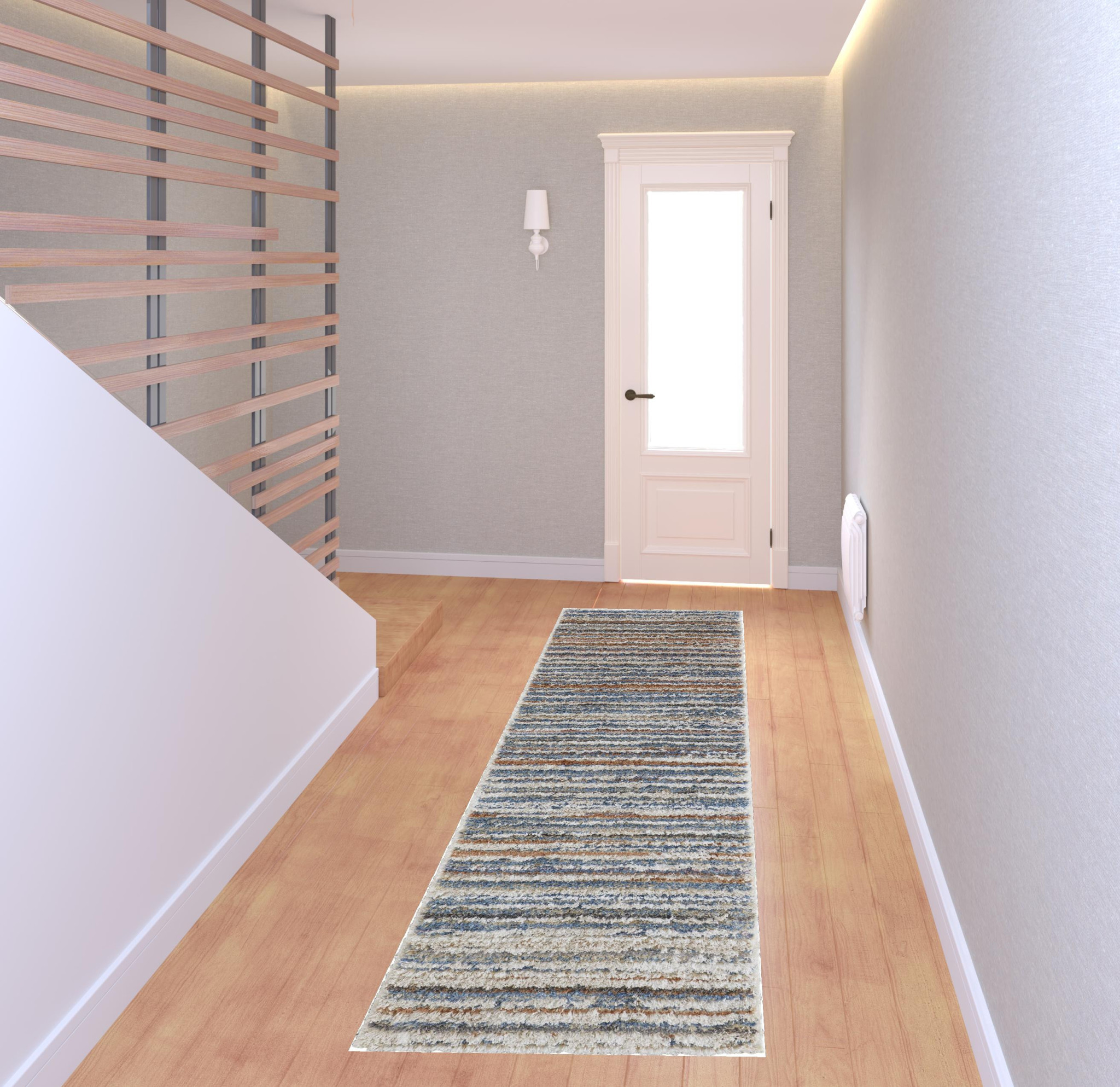 8 Ivory Blue And Orange Striped Power Loom Stain Resistant Runner Rug