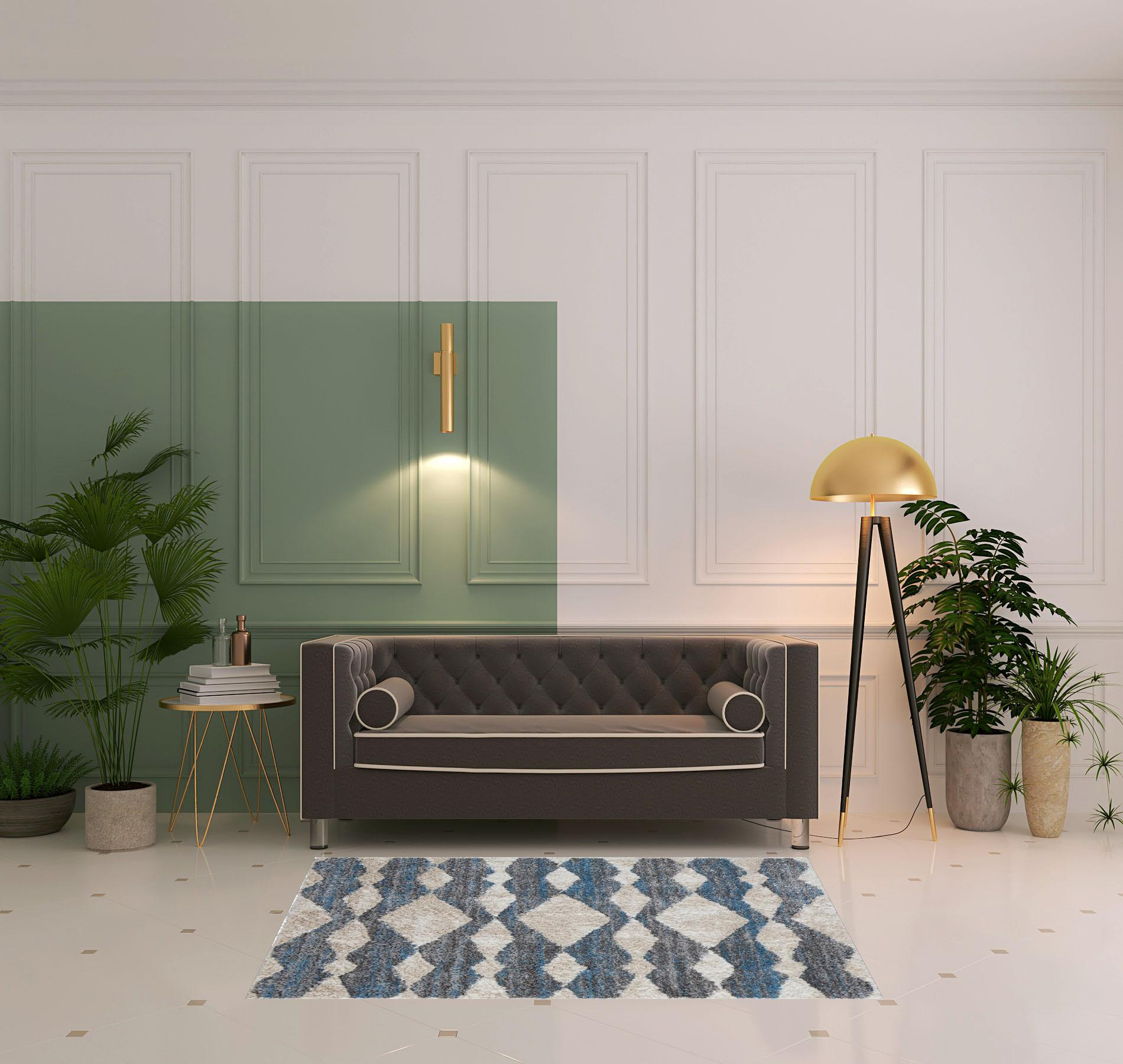 4 X 6 Ivory gray And Blue chevron Power Loom Stain Resistant Area Rug