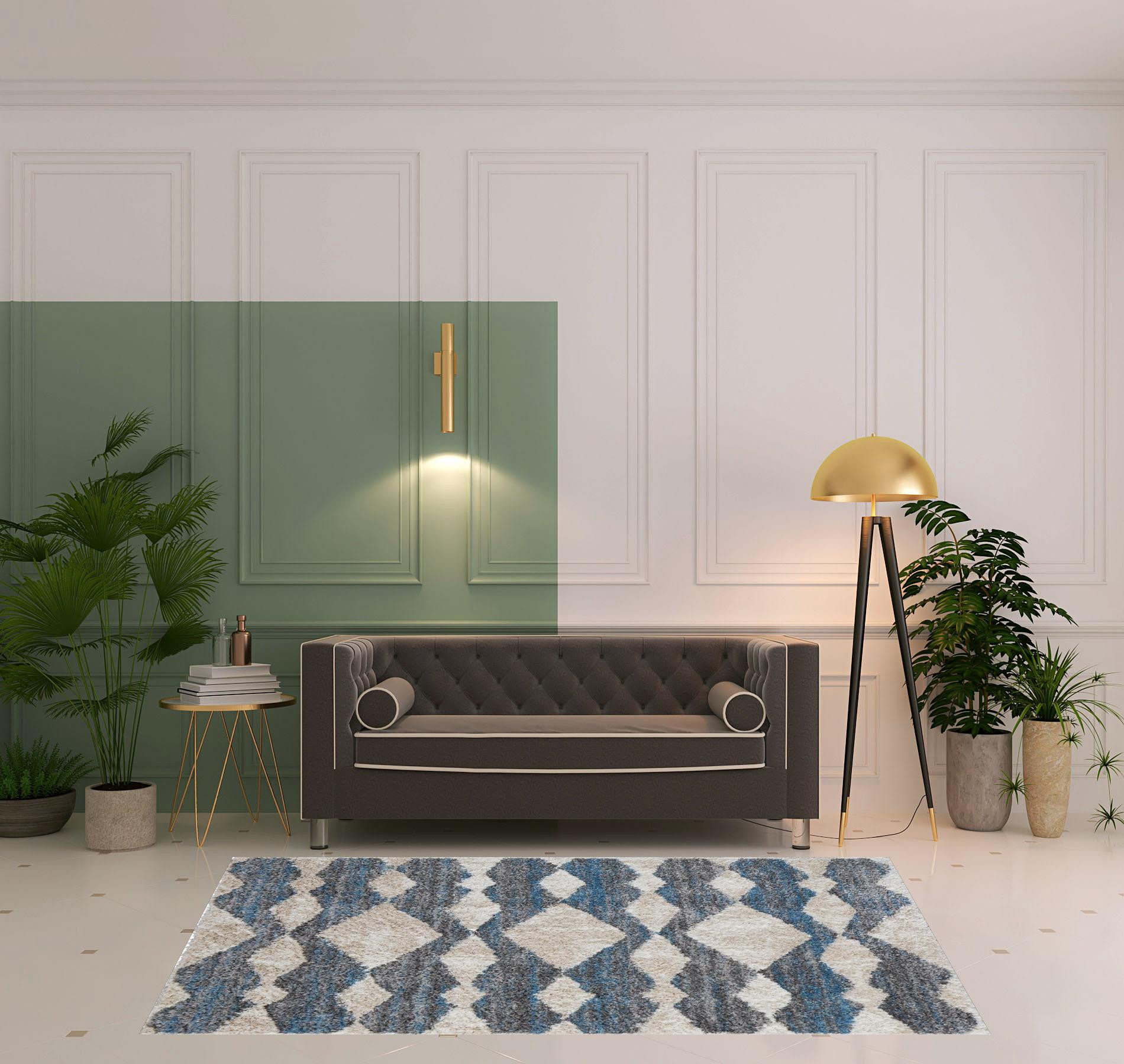 5 X 8 Ivory gray And Blue chevron Power Loom Stain Resistant Area Rug
