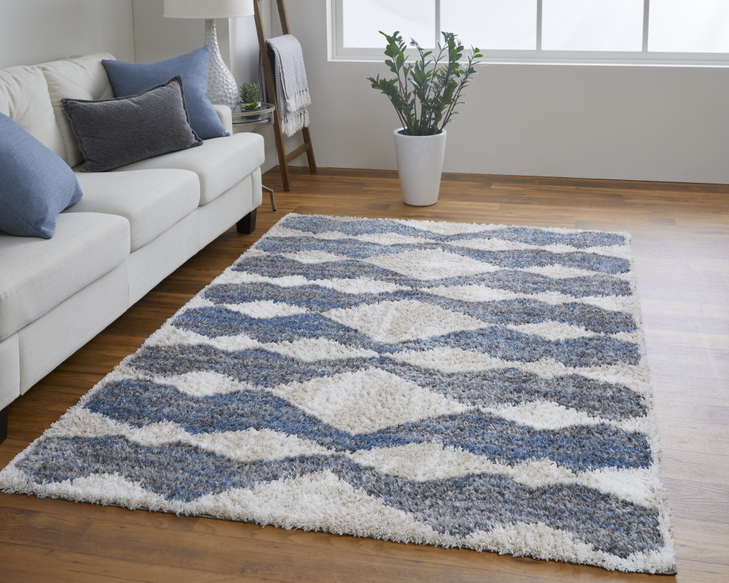 9" X 12" Ivory Gray And Blue Chevron Power Loom Stain Resistant Area Rug