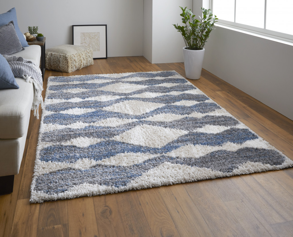 9" X 12" Ivory Gray And Blue Chevron Power Loom Stain Resistant Area Rug