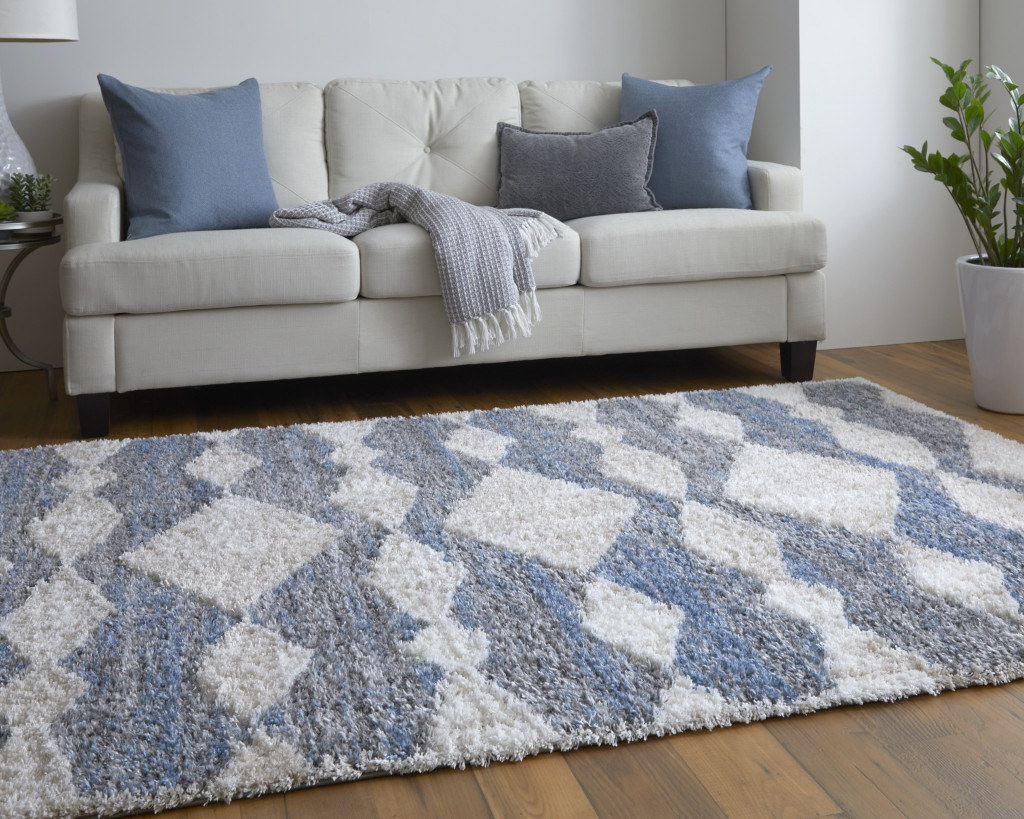 9" X 12" Ivory Gray And Blue Chevron Power Loom Stain Resistant Area Rug