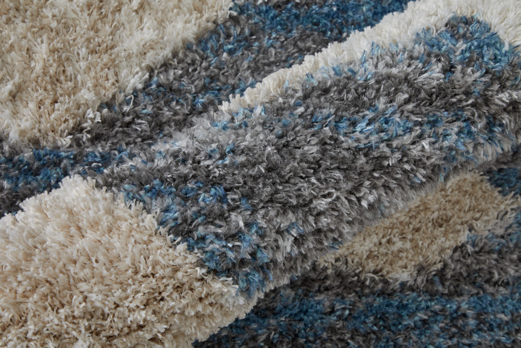 9" X 12" Ivory Gray And Blue Chevron Power Loom Stain Resistant Area Rug