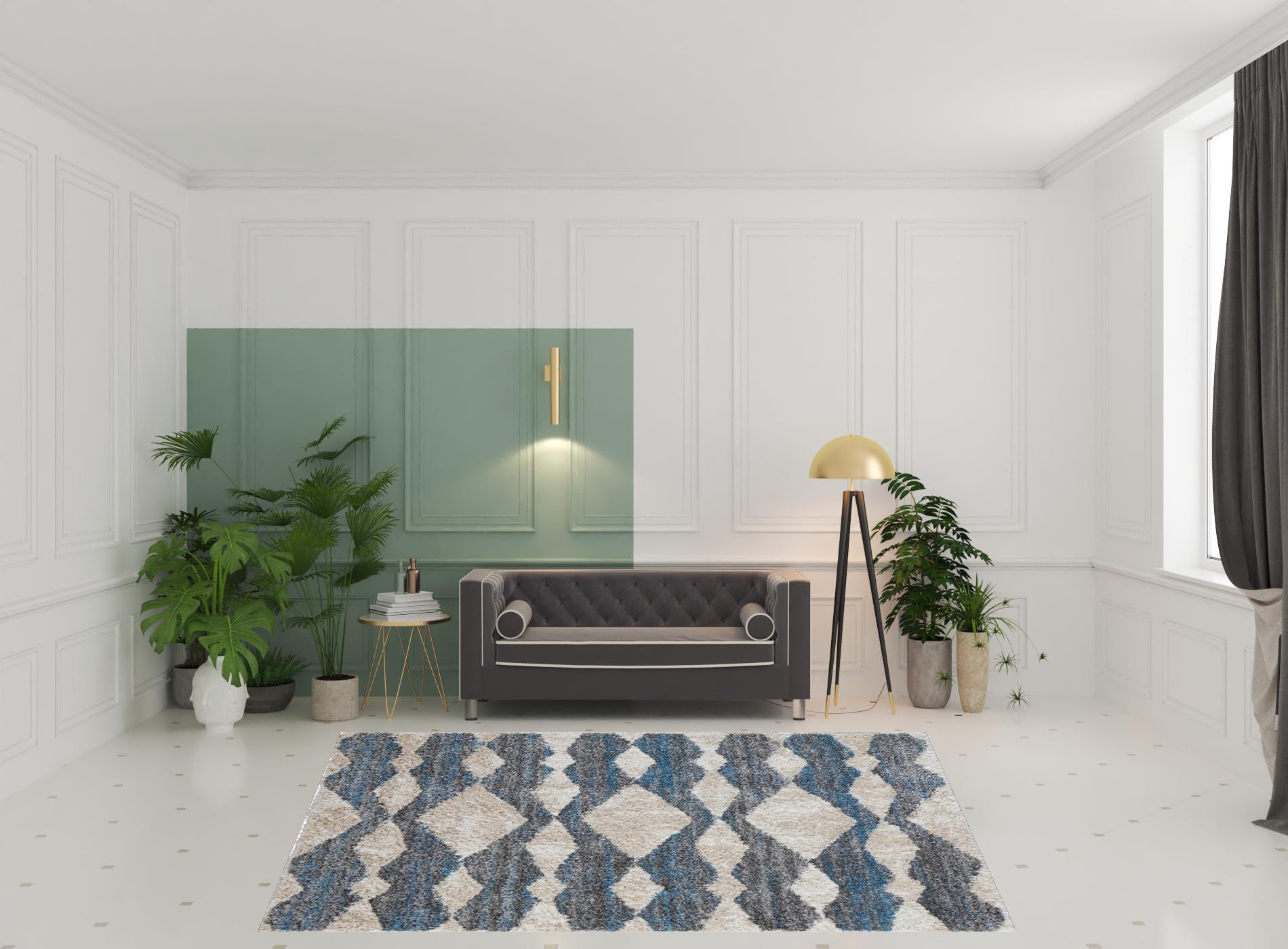 8" X 10" Ivory Gray And Blue Chevron Power Loom Stain Resistant Area Rug