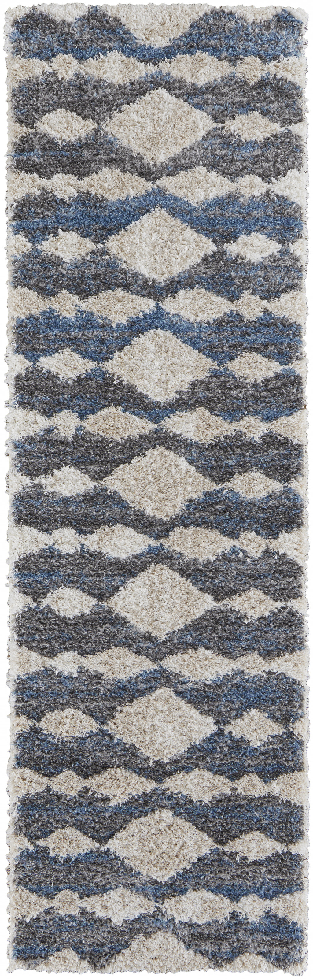 8" Ivory Gray And Blue Chevron Power Loom Stain Resistant Runner Rug
