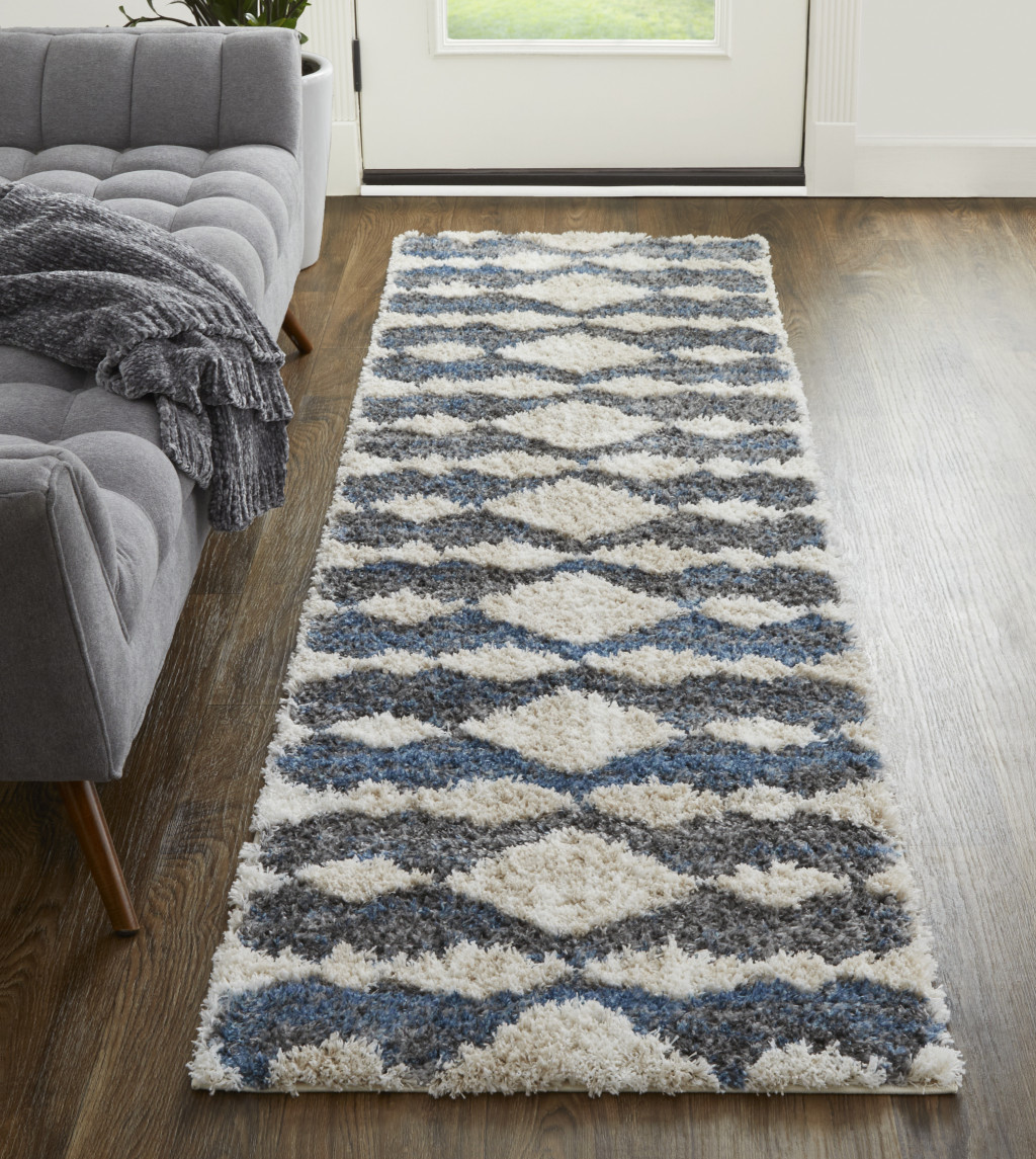 8" Ivory Gray And Blue Chevron Power Loom Stain Resistant Runner Rug