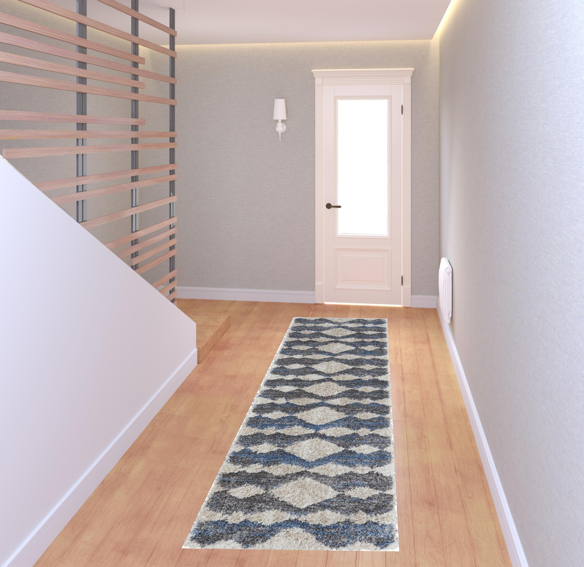 8" Ivory Gray And Blue Chevron Power Loom Stain Resistant Runner Rug
