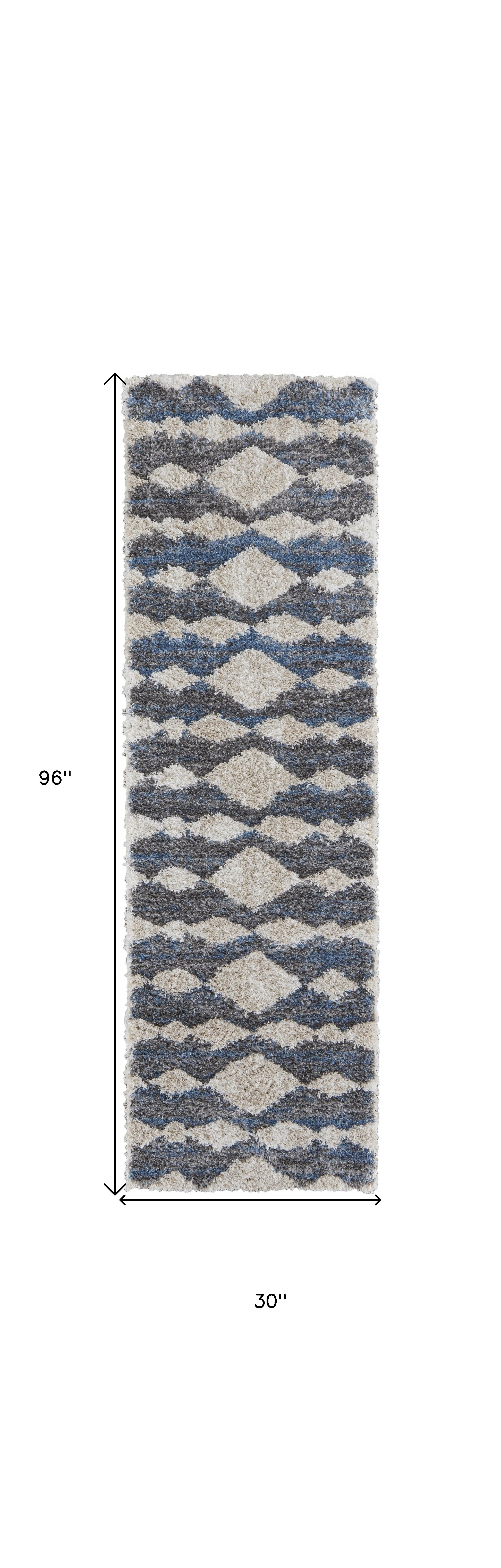 8" Ivory Gray And Blue Chevron Power Loom Stain Resistant Runner Rug