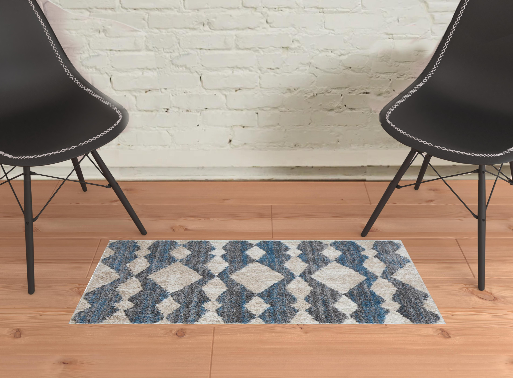 2" X 3" Ivory Gray And Blue Chevron Power Loom Stain Resistant Area Rug