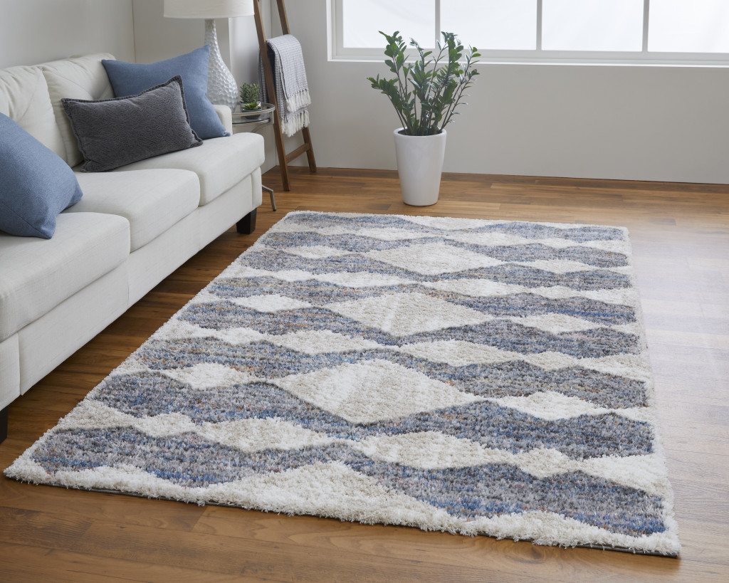 4 X 6 Tan Ivory And Blue chevron Power Loom Stain Resistant Area Rug