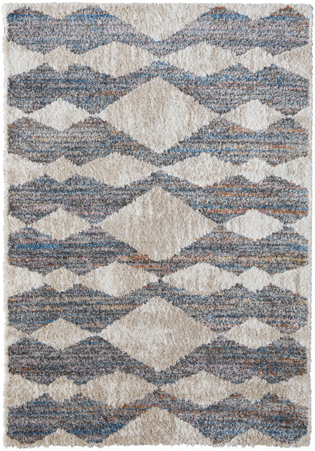 9" X 12" Tan Ivory And Blue Chevron Power Loom Stain Resistant Area Rug