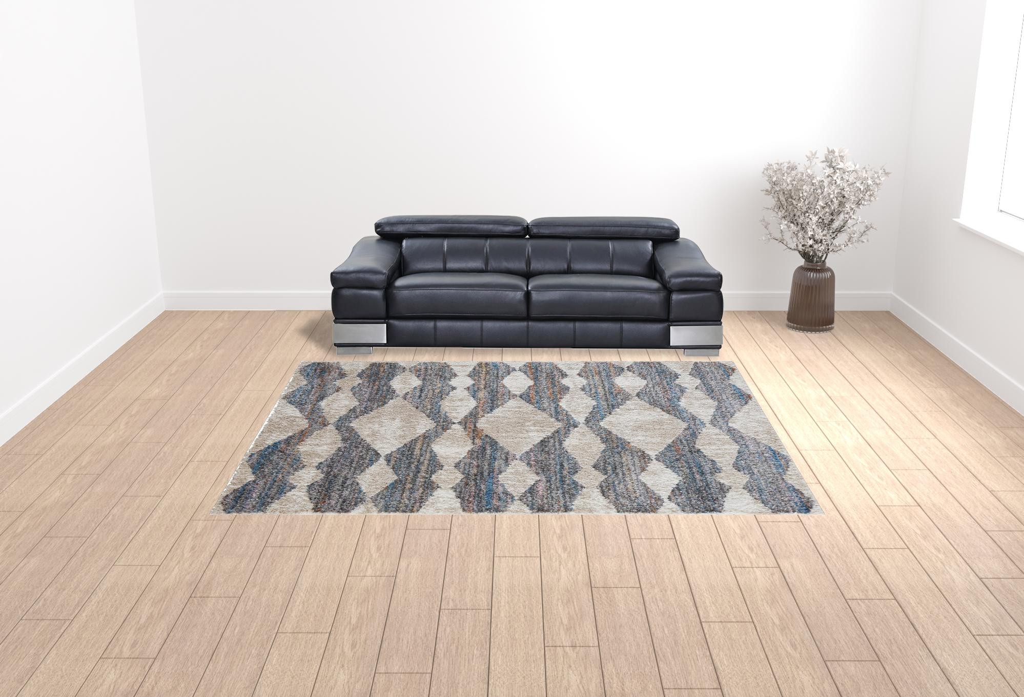 9" X 12" Tan Ivory And Blue Chevron Power Loom Stain Resistant Area Rug