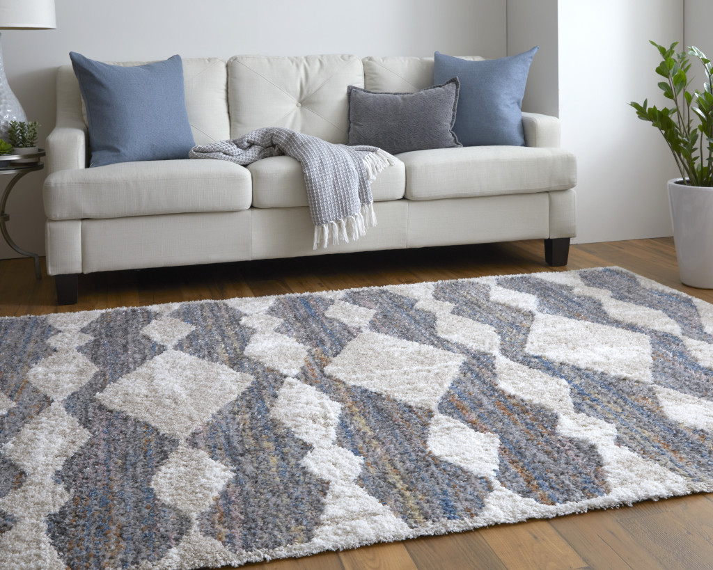 9" X 12" Tan Ivory And Blue Chevron Power Loom Stain Resistant Area Rug