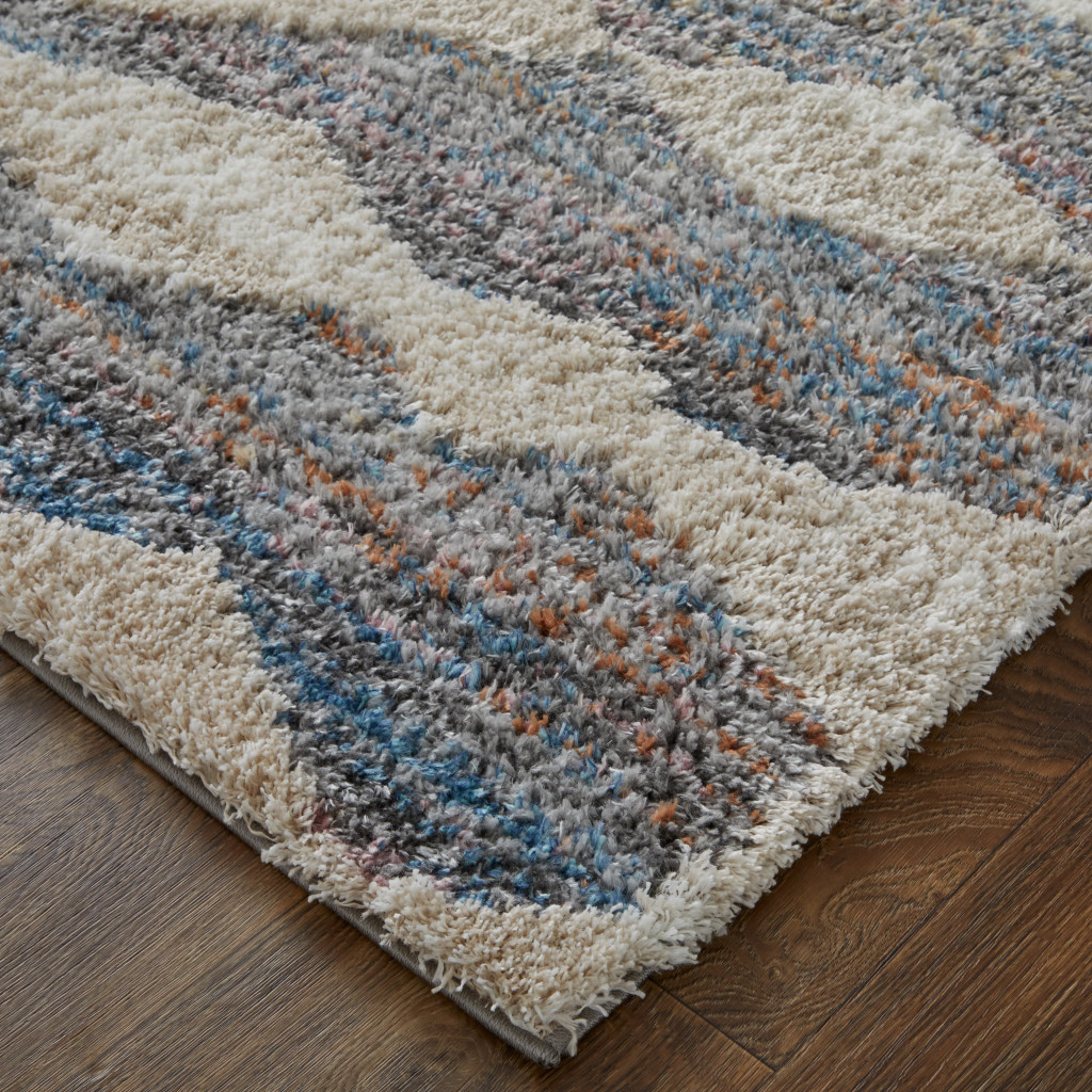9" X 12" Tan Ivory And Blue Chevron Power Loom Stain Resistant Area Rug