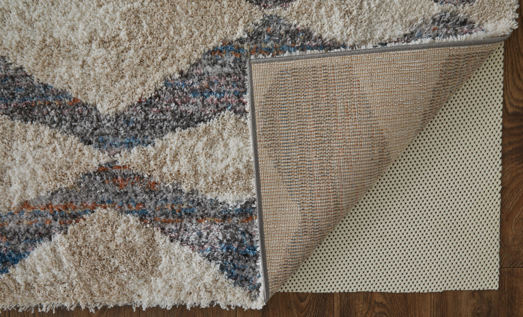 9" X 12" Tan Ivory And Blue Chevron Power Loom Stain Resistant Area Rug
