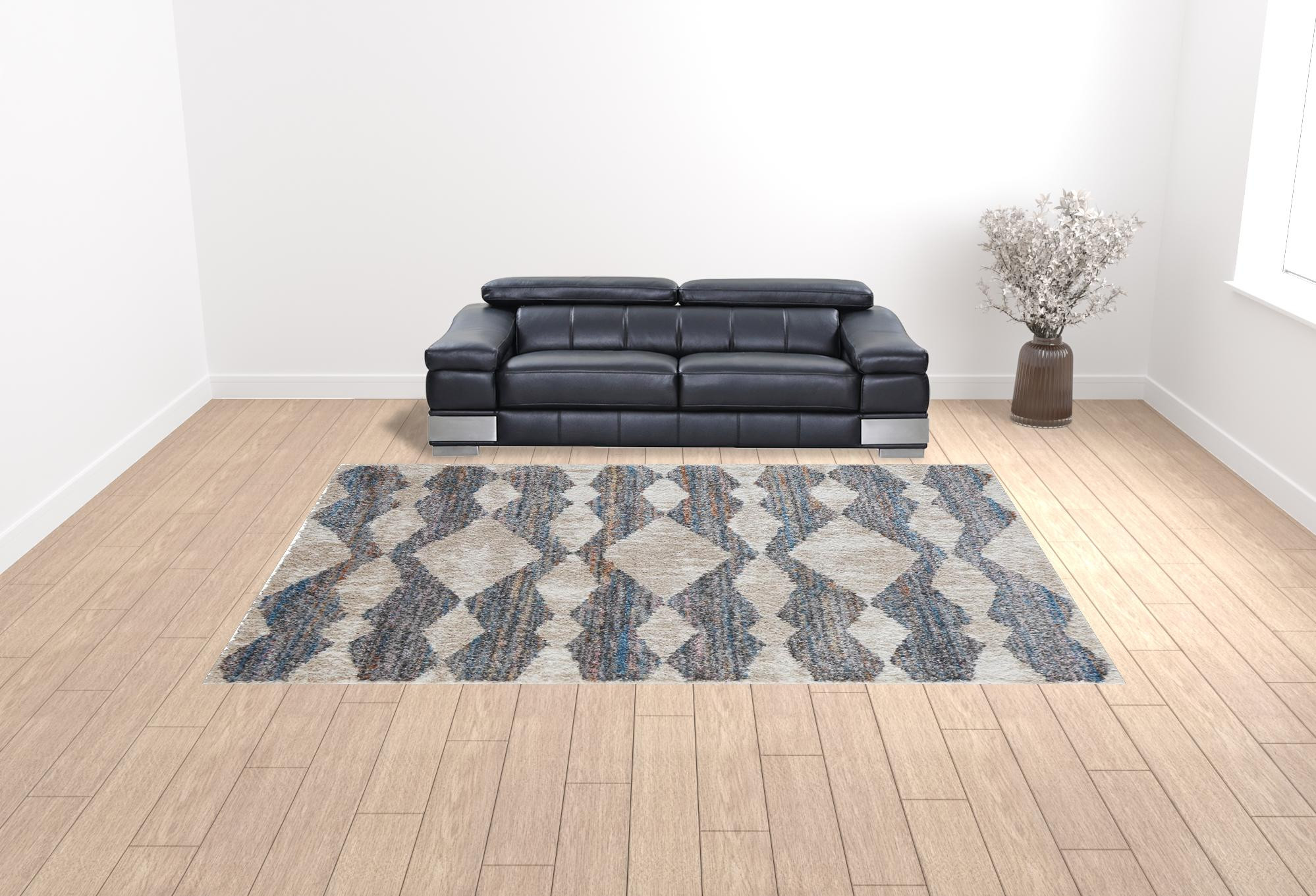 10" X 14" Tan Ivory And Blue Chevron Power Loom Stain Resistant Area Rug