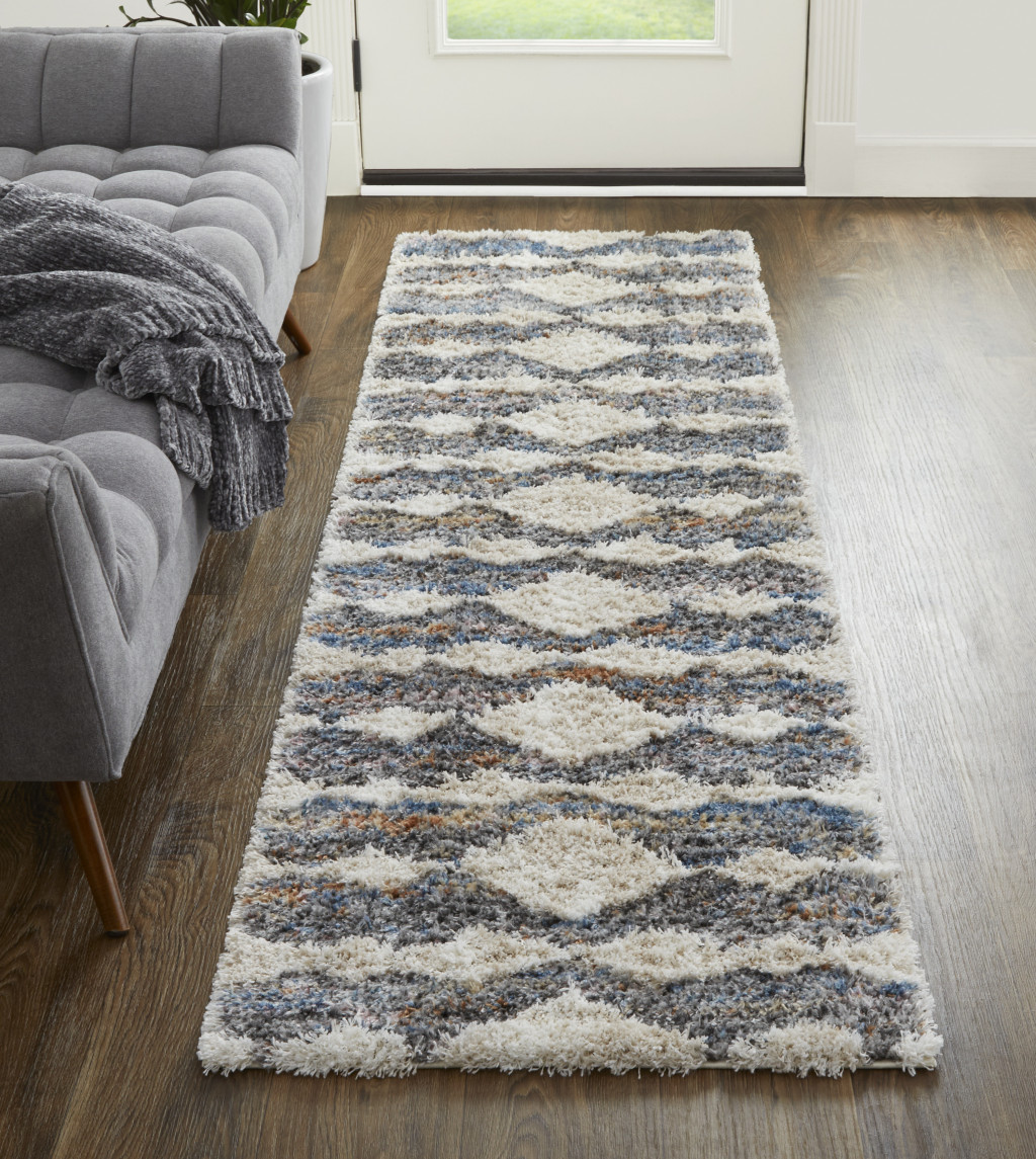 8" Tan Ivory And Blue Chevron Power Loom Stain Resistant Runner Rug