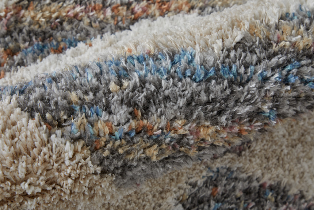8" Tan Ivory And Blue Chevron Power Loom Stain Resistant Runner Rug