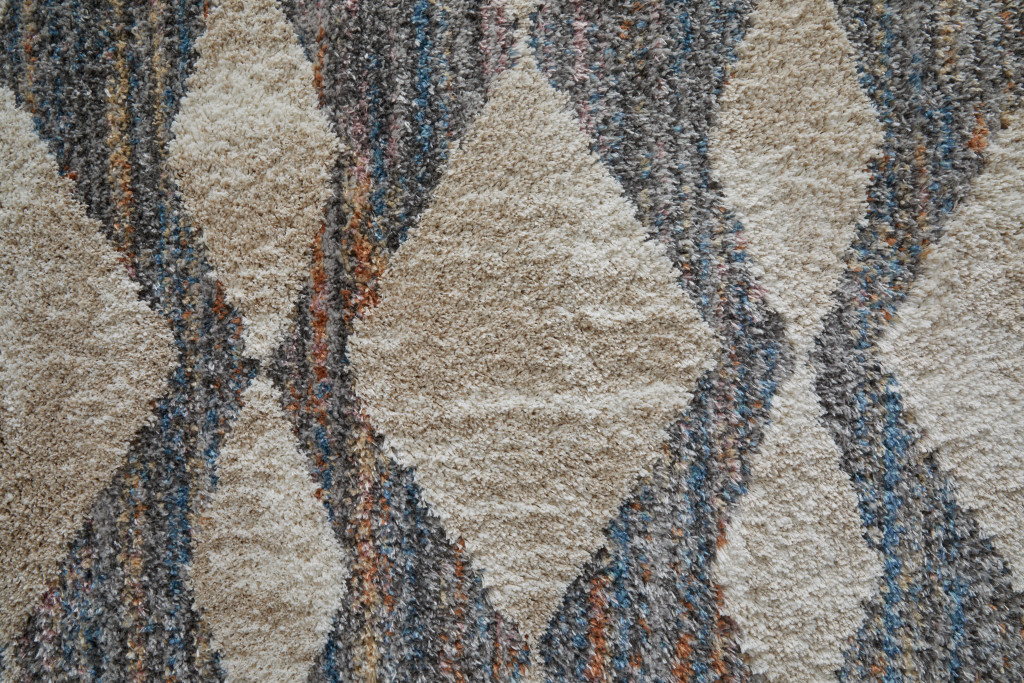 8" Tan Ivory And Blue Chevron Power Loom Stain Resistant Runner Rug