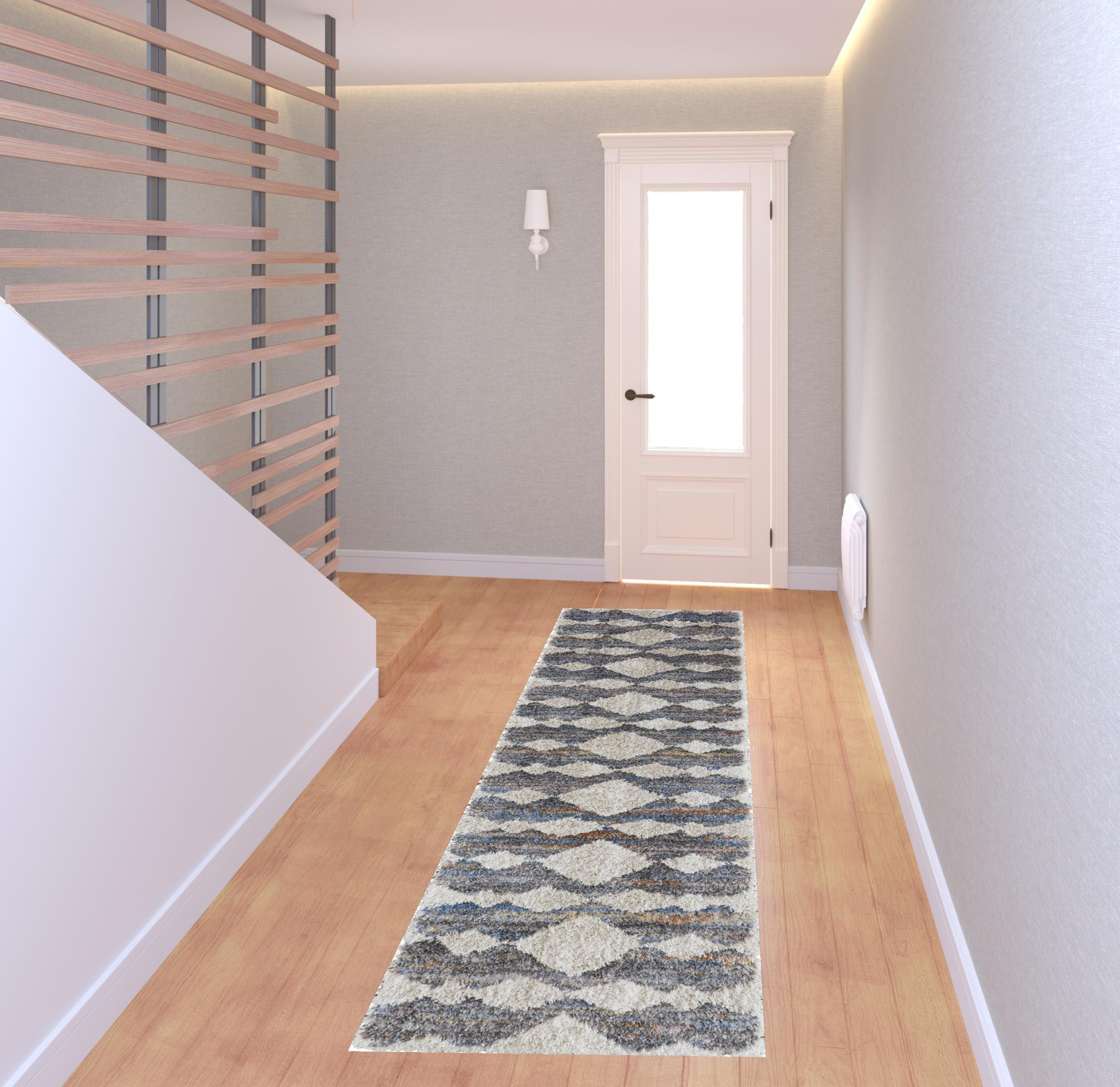 8 Tan Ivory And Blue chevron Power Loom Stain Resistant Runner Rug