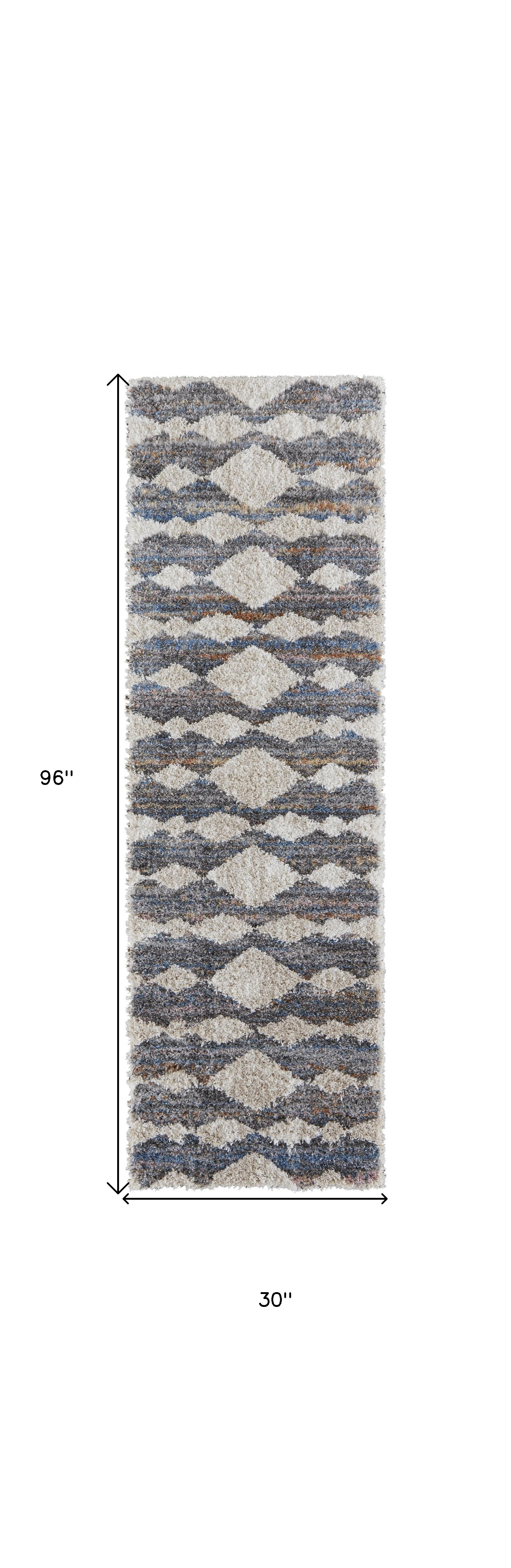 8" Tan Ivory And Blue Chevron Power Loom Stain Resistant Runner Rug