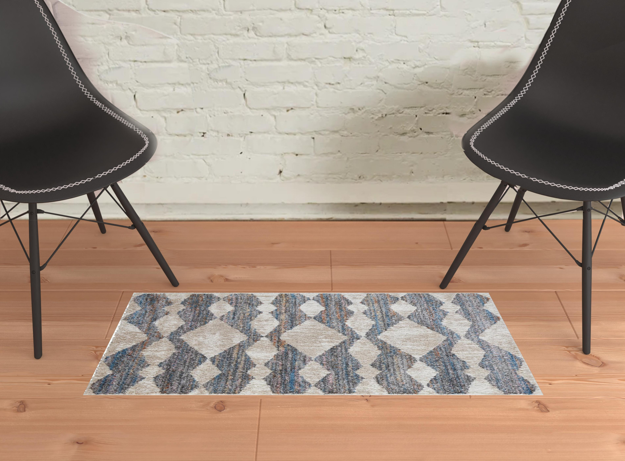 2" X 3" Tan Ivory And Blue Chevron Power Loom Stain Resistant Area Rug
