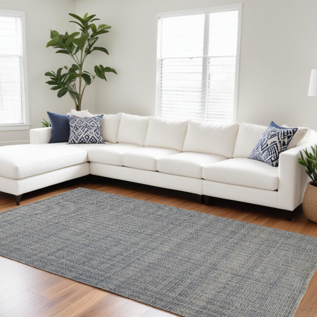9" X 12" Tan and Blue Hand Woven Area Rug
