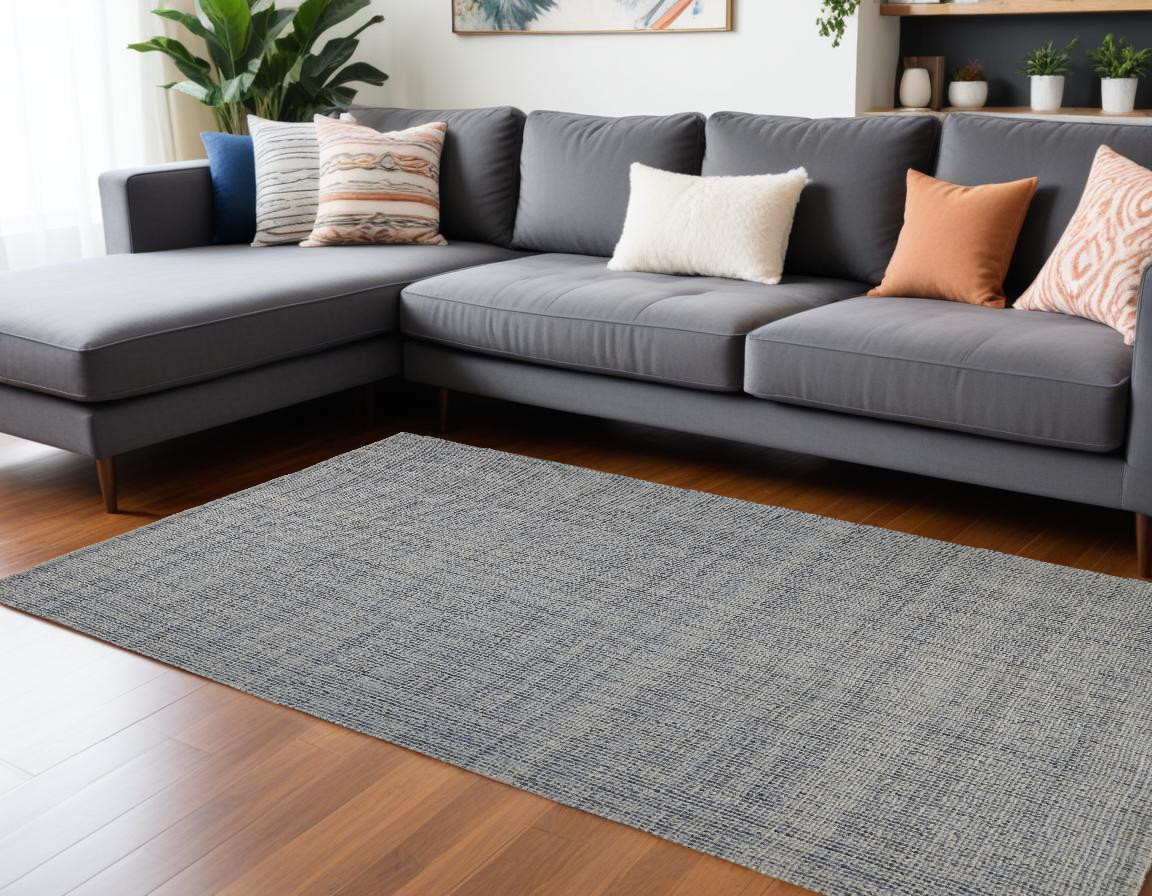 10" X 14" Tan and Blue Hand Woven Area Rug