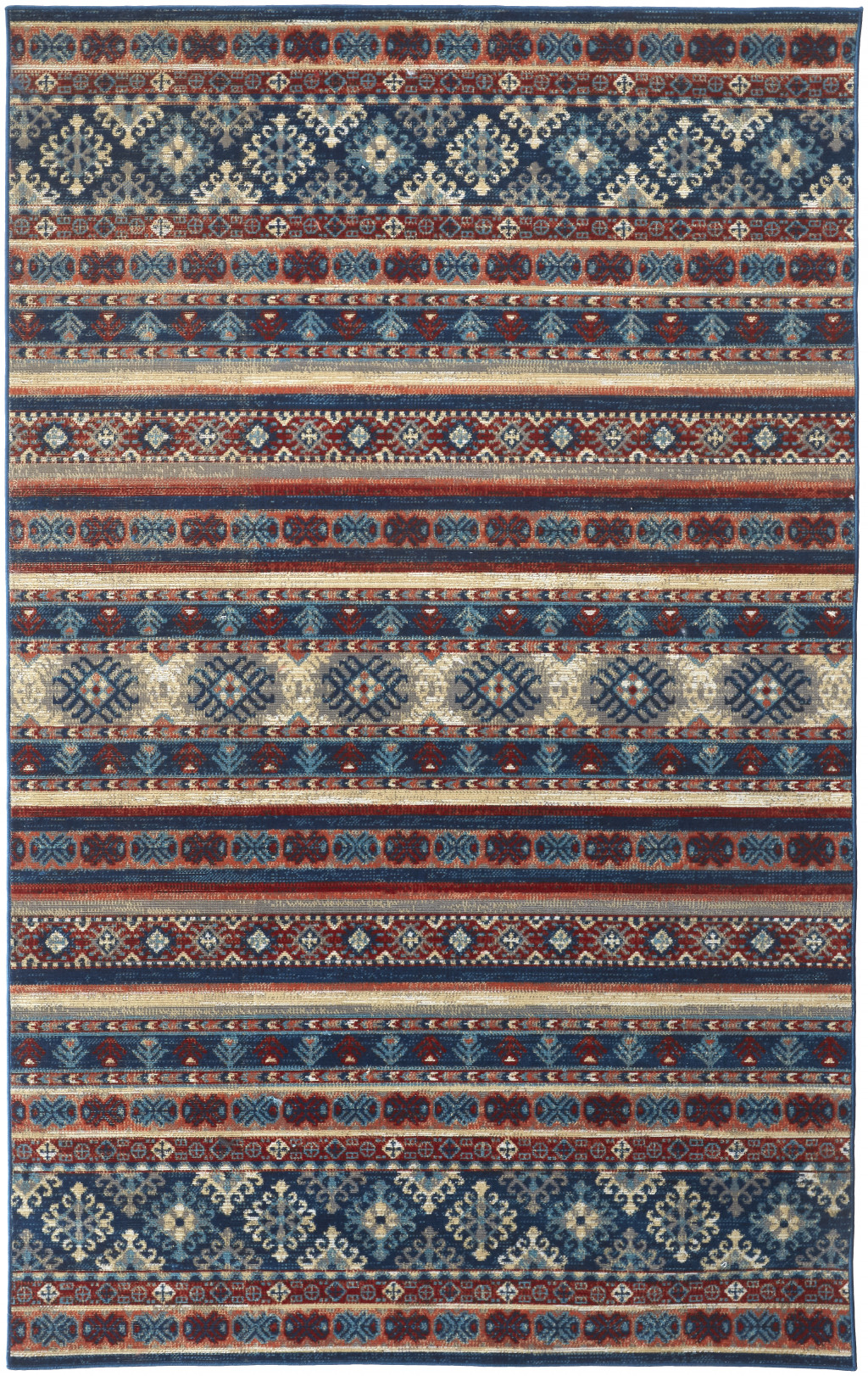 7' X 10' Blue Red And Ivory Geometric Power Loom Distressed Stain Resistant Area Rug-514620-1