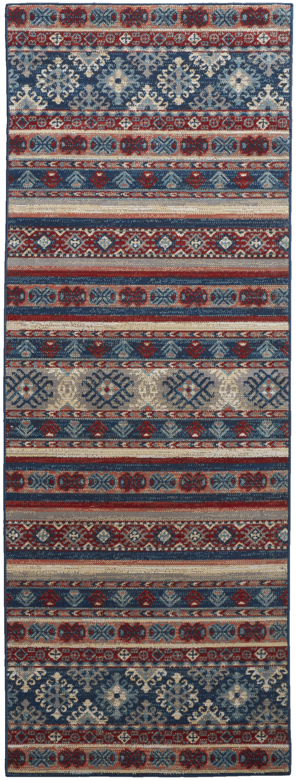 8' Blue Red And Ivory Geometric Power Loom Distressed Stain Resistant Runner Rug-514623-1